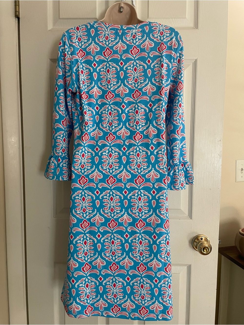 NWT Barbara Gerwit Blue Printed Midi Shift Dress with Flared Sleeves - Picture 3 of 4